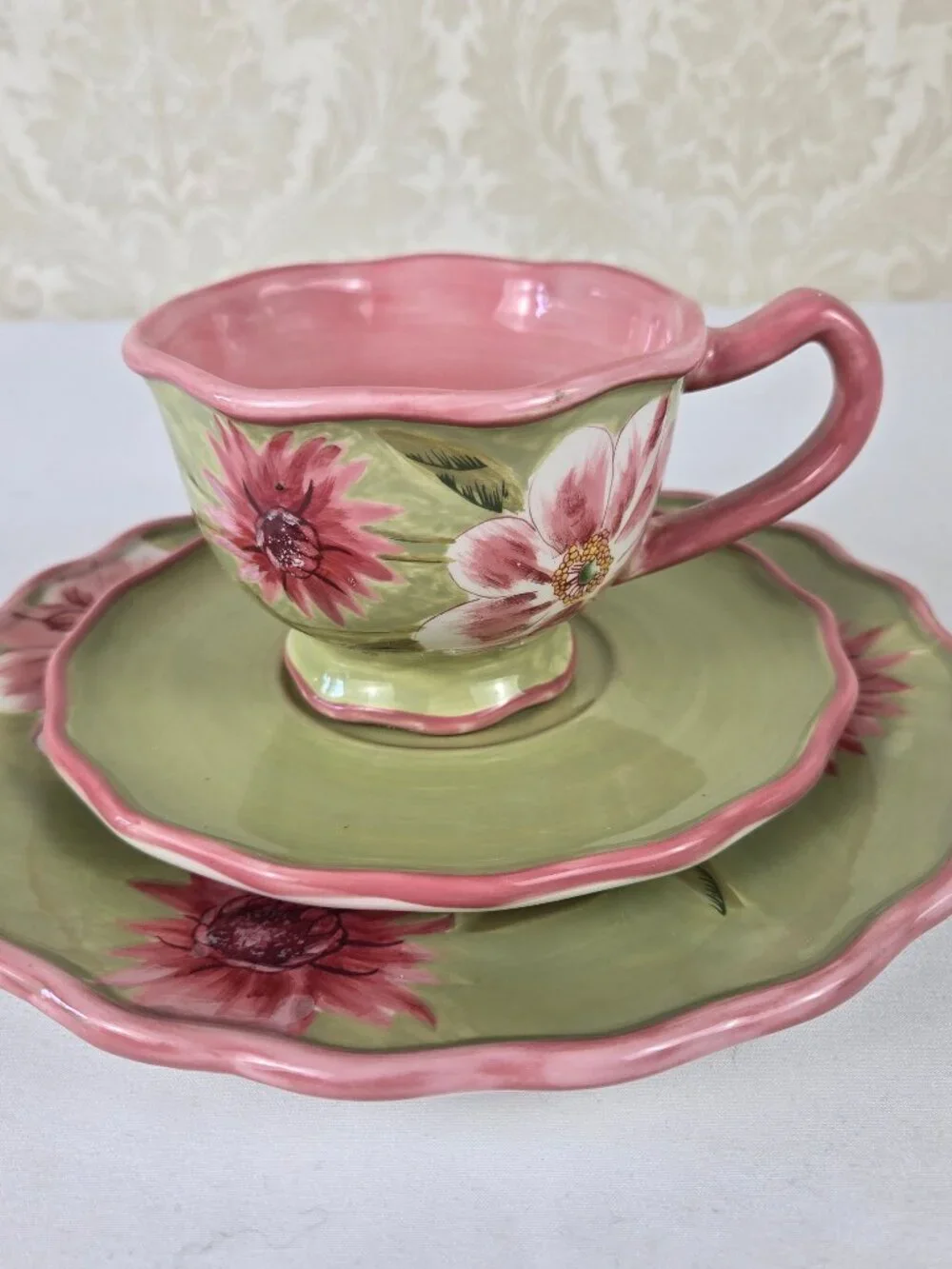 April Cornell Pink Flower Set 2 Snack Plates, Cup & Saucer, Creamer Contemporary